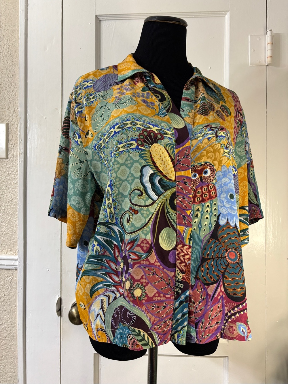 Johnny Was Vibrant Silk Patchwork & Owl Print Blouse - Picture 11 of 15